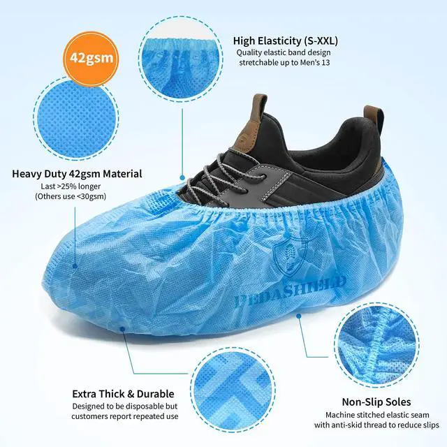 Alt view image 4 of 7 - 22 Premium XL Booties -Thick Extra Large Disposable Boot & Shoe Covers, Non Slip Water Resistant Foot Protectors, Construction Durable 42GSM for Indoors Outdoors, Up to US Men 13, Women 15