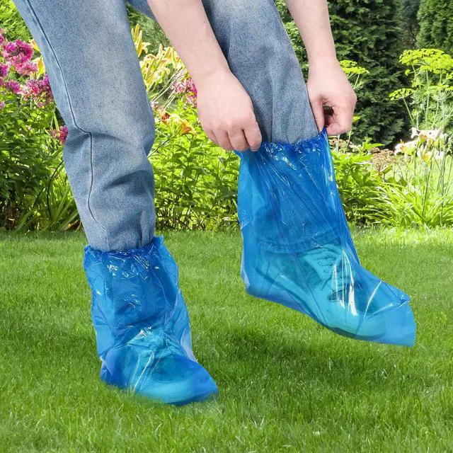 Alt view image 3 of 7 - 20PCS 13.7" Disposable Boot & Shoe Covers 14g Extra Thick Blue Waterproof & Non-Slip CPE Overshoes, XL Size Fits up to Men's 12, Women's 14 For Home, Cleaning, Travel, Indoors & Outdoors