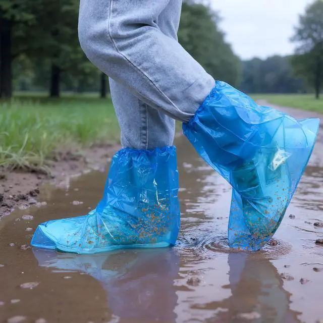 Alt view image 5 of 7 - 20PCS 13.7" Disposable Boot & Shoe Covers 14g Extra Thick Blue Waterproof & Non-Slip CPE Overshoes, XL Size Fits up to Men's 12, Women's 14 For Home, Cleaning, Travel, Indoors & Outdoors