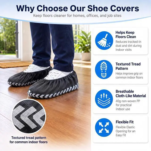 Alt view image 2 of 6 - 50 Pack (25 Pairs) Black Extra Large Disposable Boot and Shoe Covers Disposable - Indoors Reusable Booties for Shoes Covers - Non Slip Treads - Fits US Men's 14 and Women's 16