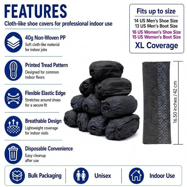 Alt view image 3 of 6 - 50 Pack (25 Pairs) Black Extra Large Disposable Boot and Shoe Covers Disposable - Indoors Reusable Booties for Shoes Covers - Non Slip Treads - Fits US Men's 14 and Women's 16