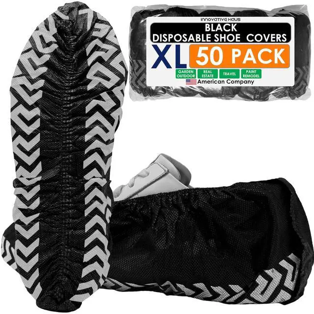 Main image of 50 Pack (25 Pairs) Black Extra Large Disposable Boot and Shoe Covers Disposable - Indoors Reusable Booties for Shoes Covers - Non Slip Treads - Fits US Men's 14 and Women's 16