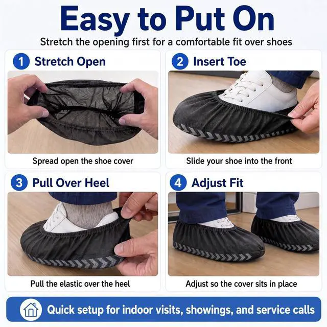 Alt view image 5 of 6 - 50 Pack (25 Pairs) Black Extra Large Disposable Boot and Shoe Covers Disposable - Indoors Reusable Booties for Shoes Covers - Non Slip Treads - Fits US Men's 14 and Women's 16