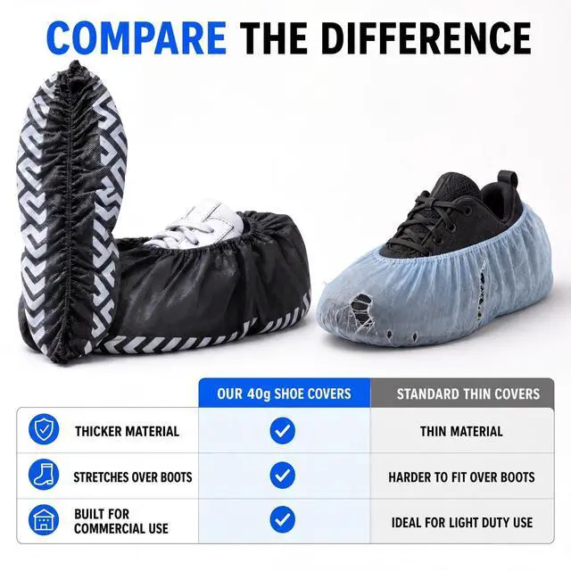 Alt view image 6 of 6 - 50 Pack (25 Pairs) Black Extra Large Disposable Boot and Shoe Covers Disposable - Indoors Reusable Booties for Shoes Covers - Non Slip Treads - Fits US Men's 14 and Women's 16