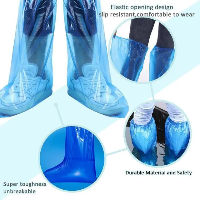 Alt view image 2 of 7 - Disposable Shoe Covers Blue Rain Shoes and Boots Cover Plastic Long Shoe Cover Clear Waterproof Anti-Slip Overshoe for Women Men Water Boots Cover Rainy Day Use Cover (10 Pack(5 Pairs))