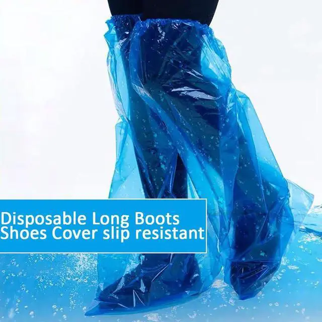 Alt view image 4 of 7 - Disposable Shoe Covers Blue Rain Shoes and Boots Cover Plastic Long Shoe Cover Clear Waterproof Anti-Slip Overshoe for Women Men Water Boots Cover Rainy Day Use Cover (10 Pack(5 Pairs))