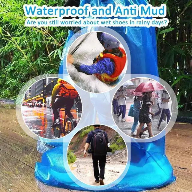 Alt view image 3 of 7 - Disposable Shoe Covers Blue Rain Shoes and Boots Cover Plastic Long Shoe Cover Clear Waterproof Anti-Slip Overshoe for Women Men Water Boots Cover Rainy Day Use Cover (10 Pack(5 Pairs))
