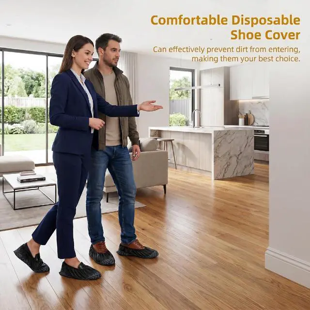 Alt view image 4 of 7 - 100/200 Pcs Shoe Covers Disposable Non-Slip, Reusable Shoe Covers for Indoors, Thick Printed Breathable Boot Covers for Home, Real Estate, Work (L/XL) (Black, 100 Pack(L))