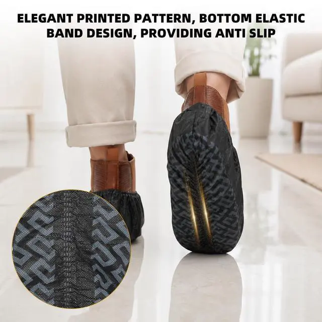 Alt view image 6 of 7 - 100/200 Pcs Shoe Covers Disposable Non-Slip, Reusable Shoe Covers for Indoors, Thick Printed Breathable Boot Covers for Home, Real Estate, Work (L/XL) (Black, 100 Pack(L))
