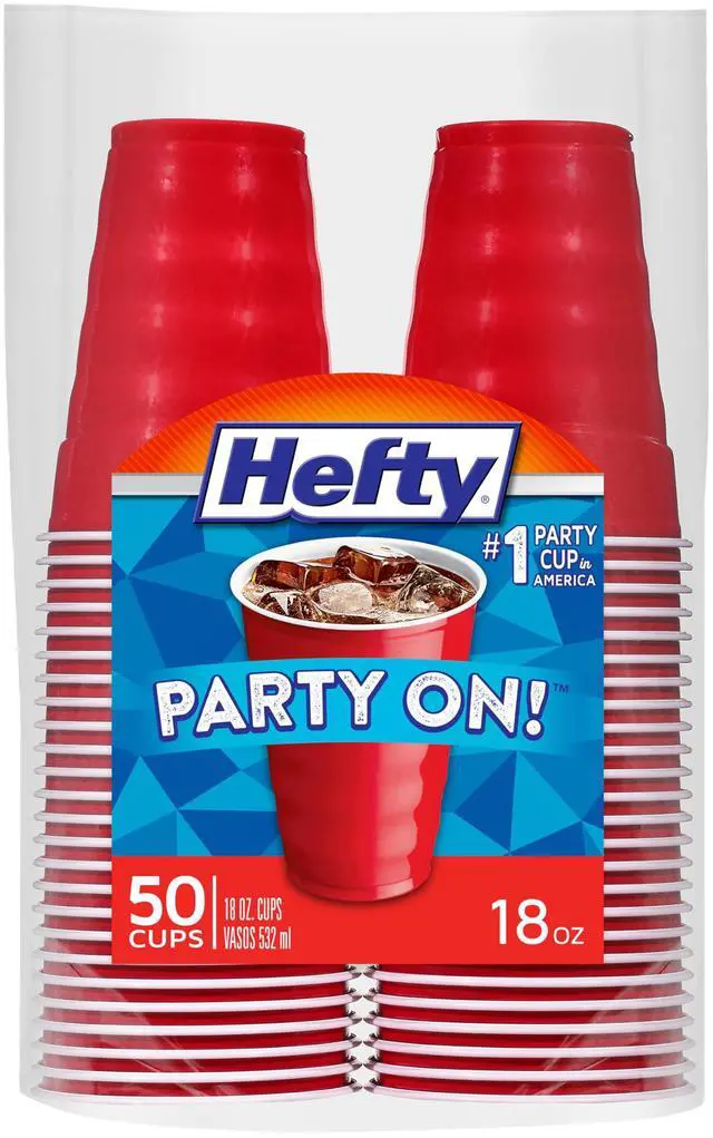 Main image of Hefty Party On Disposable Plastic Party Cups, 50 Count, 18 Oz Red Cups for Parties, Tailgates, Birthdays, Holidays, and More, Contoured Shape for Easy Gripping, Strong and Durable
