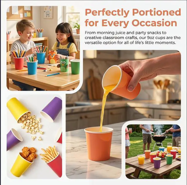 Alt view image 4 of 7 - 60 Pack 9 Ounce Rainbow Disposable Paper Cups, Heavy-Duty PE Lined with 6 Bright Colors, Leak-Proof Party Cups for Birthday, DIY & Holiday Gatherings