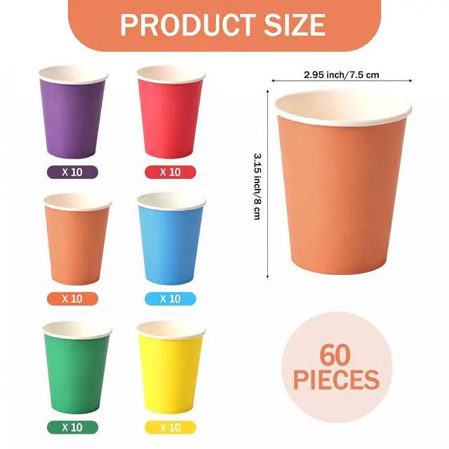 Alt view image 7 of 7 - 60 Pack 9 Ounce Rainbow Disposable Paper Cups, Heavy-Duty PE Lined with 6 Bright Colors, Leak-Proof Party Cups for Birthday, DIY & Holiday Gatherings