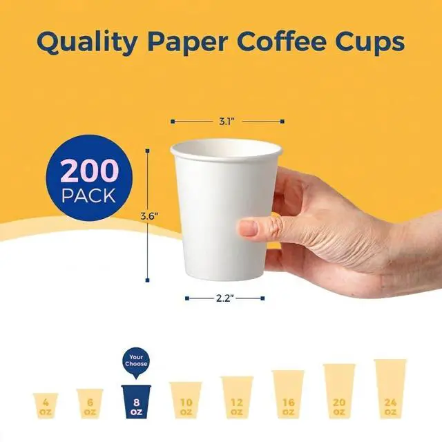 Alt view image 2 of 7 - 100 Pack 8 oz Disposable Paper Coffee Cups, White Hot Cups for Hot/Cold Beverage, Durable Thickened Paper Cup Bulk for Party, Daily Use, Office, Home, Bistros