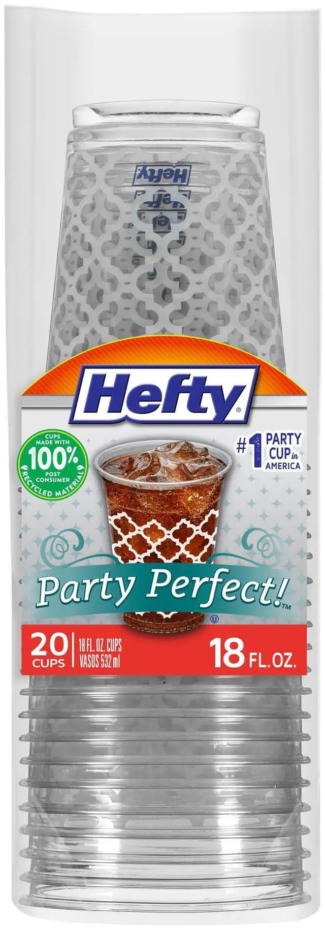 Main image of Hefty Party Perfect Printed Clear Plastic Cups, 18 Ounce, 20 Count