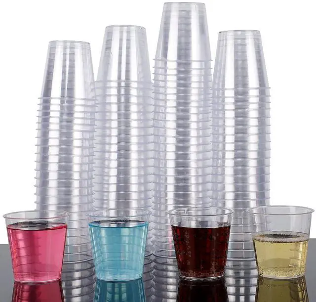 Main image of 100 Shot Glasses, 1oz Clear Plastic Disposable Hard Cups, Mini Cups Great Container for Sauce, Sample Tasting, Jello Shots, Pudding