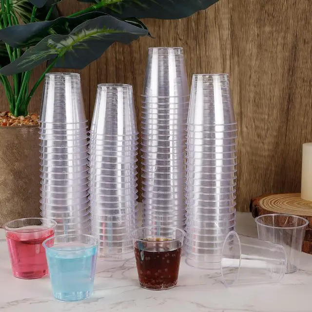 Alt view image 5 of 7 - 100 Shot Glasses, 1oz Clear Plastic Disposable Hard Cups, Mini Cups Great Container for Sauce, Sample Tasting, Jello Shots, Pudding