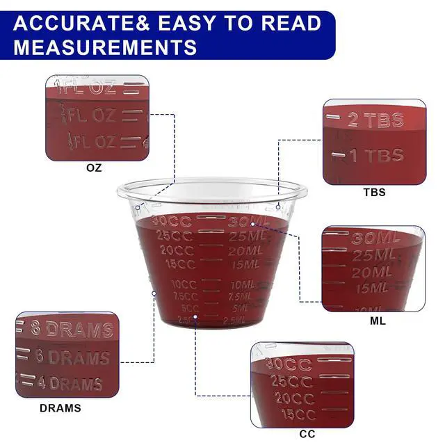 Alt view image 3 of 7 - Disposable Medicine Cups Graduated, pack of 300, 1 oz (30ml) Small Plastic Measuring Cup for Liquid Medication, Paint, Epoxy, Pill and Resin