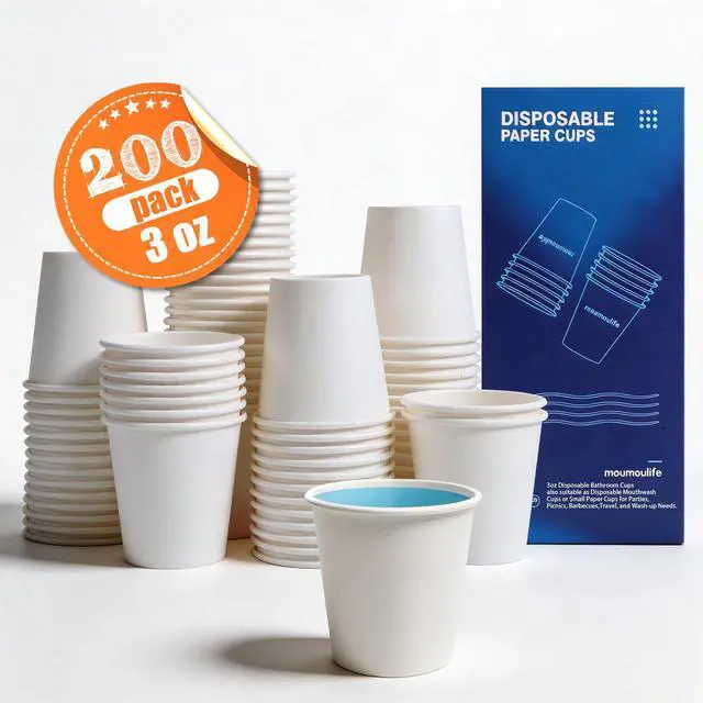 Alt view image 3 of 7 - 3 oz Disposable Paper Cups 200 Count, Bathroom Mouthwash Cups, Leak-Free Food Safe Small White Paper Mini Cups for Bathroom