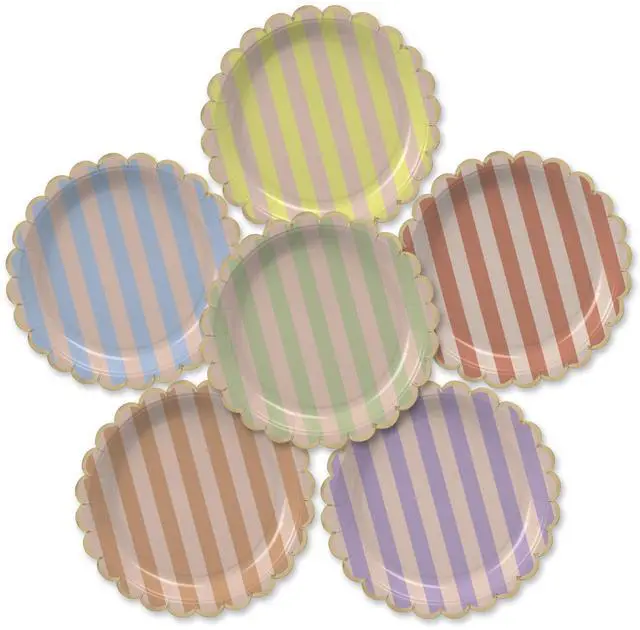 Main image of Party Paper Plates, 50-Pack 9-Inch Bulk Disposable Decorative Paper Plates with Matte Gold Scalloped Trim, 6 Colors for Tea Party, Easter, Garden Party, and Bridal Showers, Gilded Pastel Duet Stripes