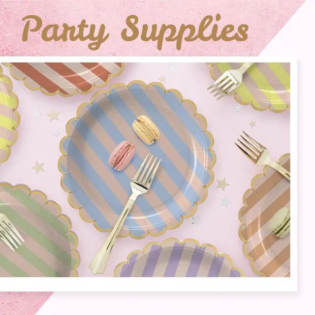 Alt view image 3 of 7 - Party Paper Plates, 50-Pack 9-Inch Bulk Disposable Decorative Paper Plates with Matte Gold Scalloped Trim, 6 Colors for Tea Party, Easter, Garden Party, and Bridal Showers, Gilded Pastel Duet Stripes