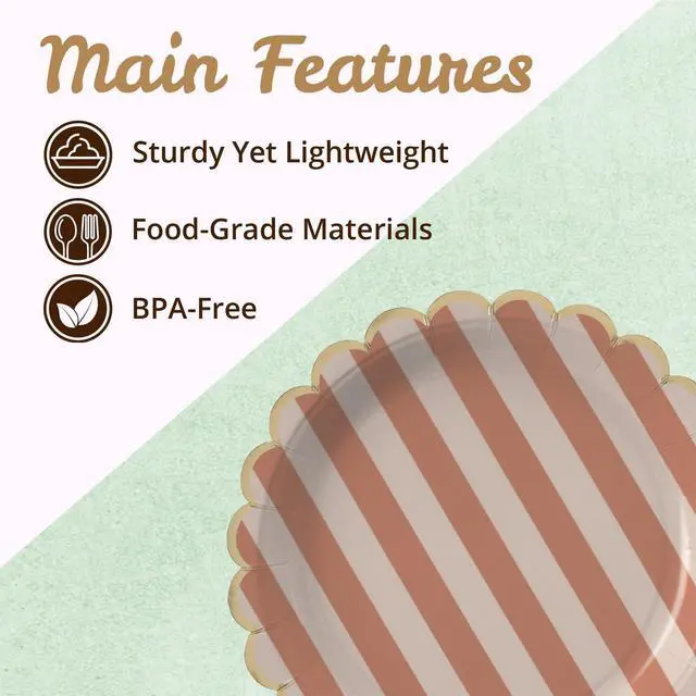 Alt view image 5 of 7 - Party Paper Plates, 50-Pack 9-Inch Bulk Disposable Decorative Paper Plates with Matte Gold Scalloped Trim, 6 Colors for Tea Party, Easter, Garden Party, and Bridal Showers, Gilded Pastel Duet Stripes