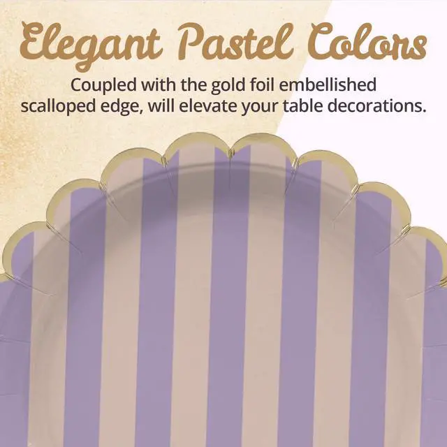 Alt view image 6 of 7 - Party Paper Plates, 50-Pack 9-Inch Bulk Disposable Decorative Paper Plates with Matte Gold Scalloped Trim, 6 Colors for Tea Party, Easter, Garden Party, and Bridal Showers, Gilded Pastel Duet Stripes