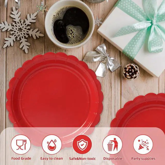 Alt view image 4 of 6 - 50 Pcs Red Paper Plates 7 Inch, Disposable Dessert Plates for Christmas Holiday Parties, Labor Day, Patriotic Events, Birthdays, Weddings & Party Supplies