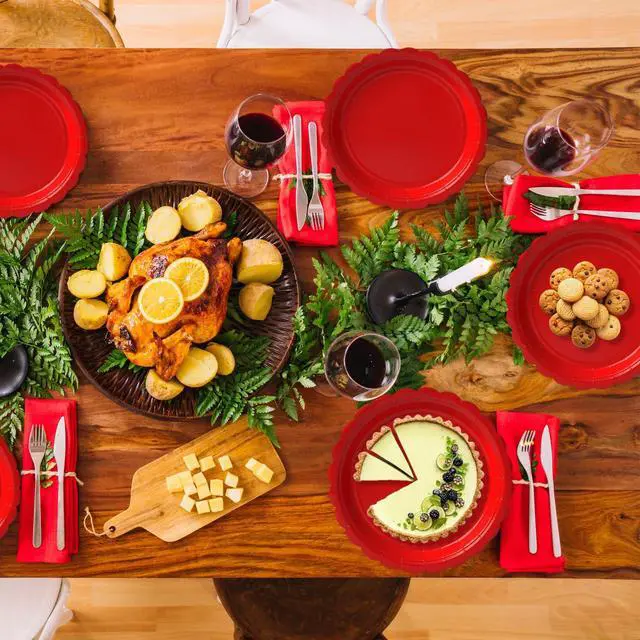Alt view image 5 of 6 - 50 Pcs Red Paper Plates 7 Inch, Disposable Dessert Plates for Christmas Holiday Parties, Labor Day, Patriotic Events, Birthdays, Weddings & Party Supplies