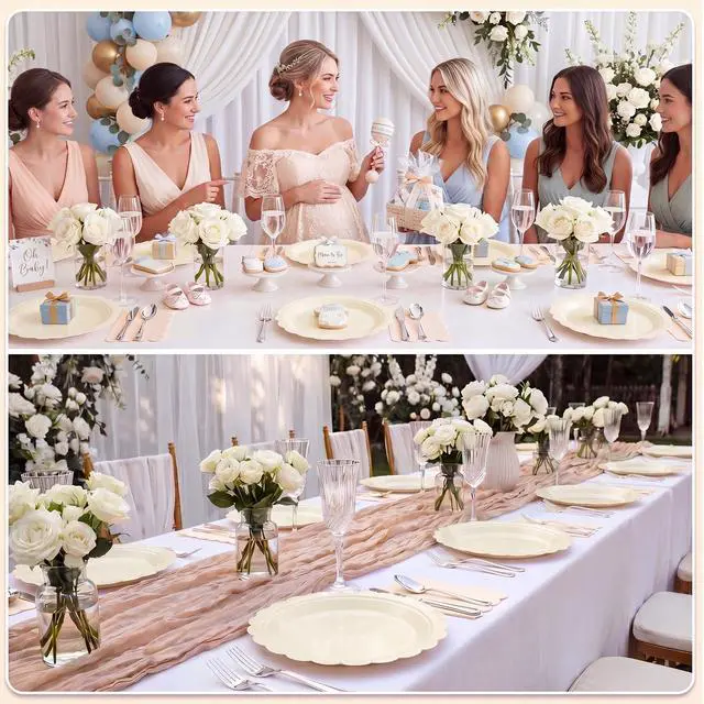 Alt view image 6 of 7 - 30 Pcs Ivory Plates 9 Inch Disposable Scalloped Cream Plates Cute Beige Wedding Dessert Cake Plate Party Dinner Plate for Engagement, Baby Bridal Shower