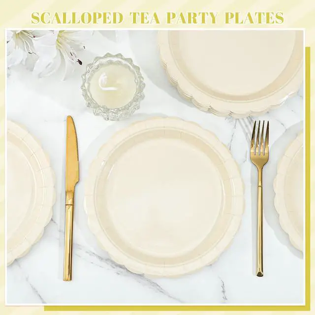 Alt view image 7 of 7 - 30 Pcs Ivory Plates 9 Inch Disposable Scalloped Cream Plates Cute Beige Wedding Dessert Cake Plate Party Dinner Plate for Engagement, Baby Bridal Shower