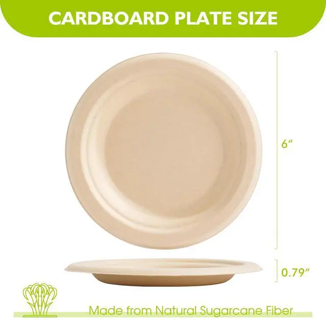 Alt view image 2 of 7 - 6 Inch 100 Pack Compostable Paper Plates, Biodegradable Heavy Duty Disposable Plates, Round Unbleached Brown Plates Made from Natural Sugarcane Fibers, for Party, Camping, Picnic