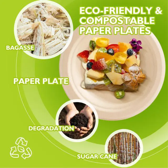 Alt view image 5 of 7 - 6 Inch 100 Pack Compostable Paper Plates, Biodegradable Heavy Duty Disposable Plates, Round Unbleached Brown Plates Made from Natural Sugarcane Fibers, for Party, Camping, Picnic