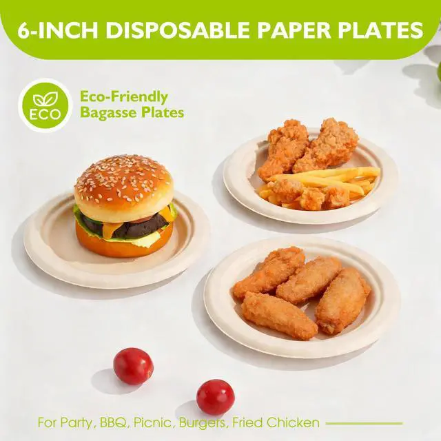 Alt view image 6 of 7 - 6 Inch 100 Pack Compostable Paper Plates, Biodegradable Heavy Duty Disposable Plates, Round Unbleached Brown Plates Made from Natural Sugarcane Fibers, for Party, Camping, Picnic