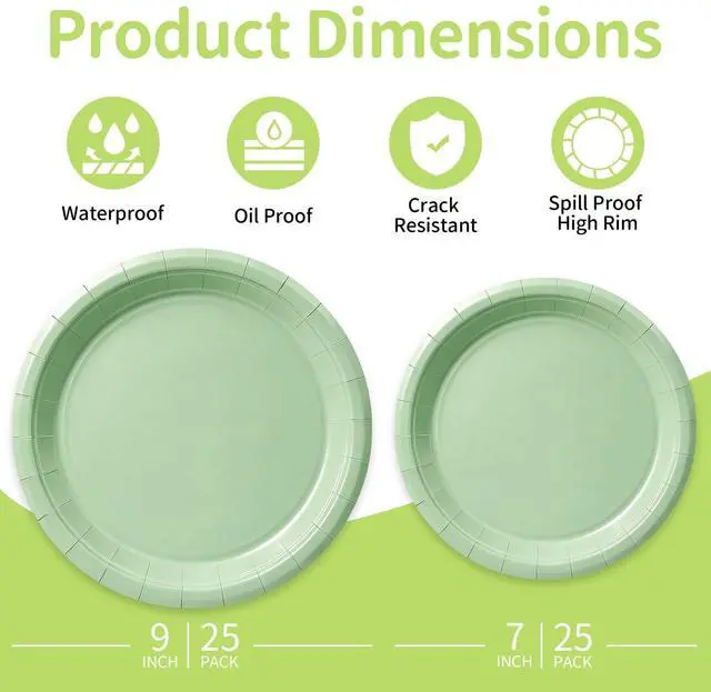 Alt view image 3 of 6 - 50 Sage Green Paper Plates Disposable, 25-9" & 25-7" Disposable Birthday Cake Dessert Plates For Easter, Baby Shower Party Supplies
