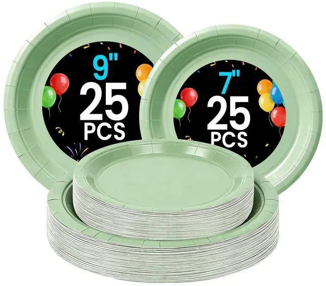 Main image of 50 Sage Green Paper Plates Disposable, 25-9" & 25-7" Disposable Birthday Cake Dessert Plates For Easter, Baby Shower Party Supplies