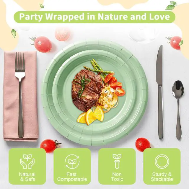 Alt view image 4 of 6 - 50 Sage Green Paper Plates Disposable, 25-9" & 25-7" Disposable Birthday Cake Dessert Plates For Easter, Baby Shower Party Supplies