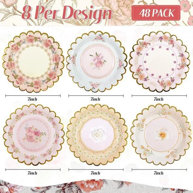 Alt view image 2 of 7 - 48 PCS Vintage Floral Paper Plates 7 inch, Scalloped Flower Tea Party Plates Disposable Cake Dessert Plate for Birthday Bridal Shower Baby Shower Wedding Party Decorations (Floral)