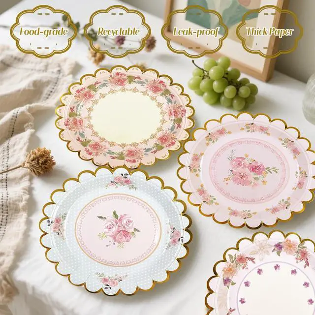 Alt view image 3 of 7 - 48 PCS Vintage Floral Paper Plates 7 inch, Scalloped Flower Tea Party Plates Disposable Cake Dessert Plate for Birthday Bridal Shower Baby Shower Wedding Party Decorations (Floral)