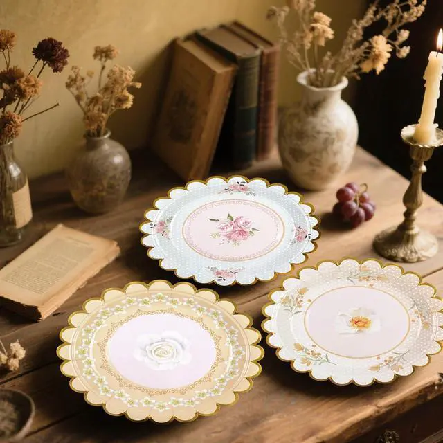 Alt view image 4 of 7 - 48 PCS Vintage Floral Paper Plates 7 inch, Scalloped Flower Tea Party Plates Disposable Cake Dessert Plate for Birthday Bridal Shower Baby Shower Wedding Party Decorations (Floral)