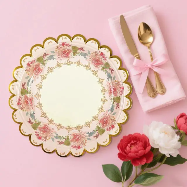 Alt view image 5 of 7 - 48 PCS Vintage Floral Paper Plates 7 inch, Scalloped Flower Tea Party Plates Disposable Cake Dessert Plate for Birthday Bridal Shower Baby Shower Wedding Party Decorations (Floral)