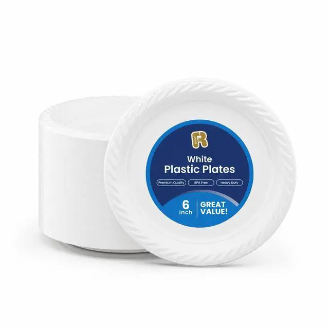 Main image of 100 Pack 6 Inch White Plastic Plates Disposable - Heavy Duty White Disposable Plates - Microwavable Disposable Plastic Plates (6 Inch, 100, Count)