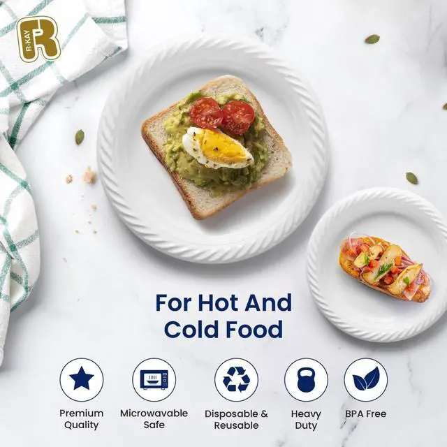 Alt view image 5 of 5 - 100 Pack 6 Inch White Plastic Plates Disposable - Heavy Duty White Disposable Plates - Microwavable Disposable Plastic Plates (6 Inch, 100, Count)