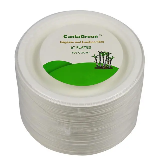 Alt view image 5 of 6 - 6 inch Small Compostable Dessert Plates,100 Count Heavyduty Sugarcane/Bagasse and Bamboo Fibre Biodegradable Disposable Paper Plate