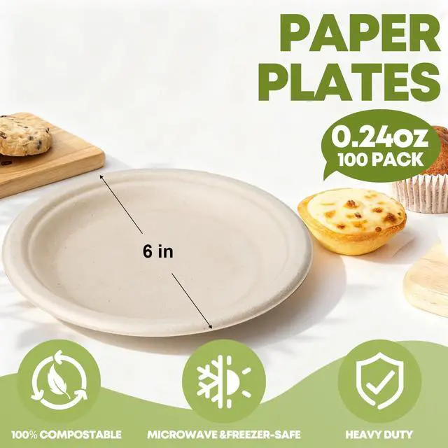 Alt view image 2 of 7 - 100 Pack 6 Inch Disposable Small Paper Plates,Heavy Duty Dessert Plates - Compostable, Microwave-Safe, Leak-Proof, Ideal for Parties, Picnics & Daily Use