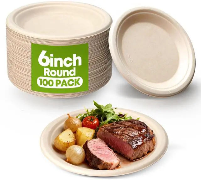 Main image of 100 Pack 6 Inch Disposable Small Paper Plates,Heavy Duty Dessert Plates - Compostable, Microwave-Safe, Leak-Proof, Ideal for Parties, Picnics & Daily Use