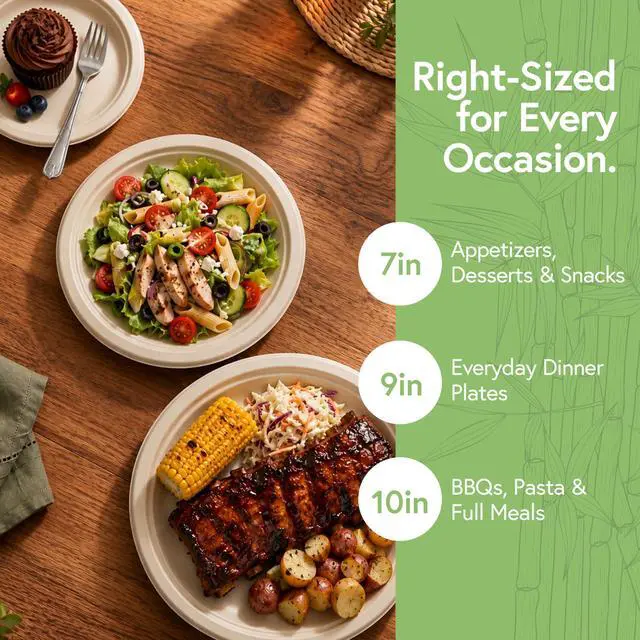 Alt view image 4 of 7 - Bamboo Biodegradable Plates (50-Pack, 7-inch) | Sturdy & Microwave Safe | Heavy Duty Microwavable Disposable Plates | PFAS Free, Biodegradable | FSC Certified Alternative to Plastic