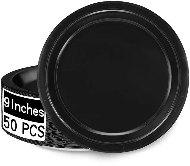 Main image of 50 Pieces of Paper Plates, Round Black Party Plates Pack, Disposable 9 Inches Paper Dinner Plates, Everyday Use Plates for Daily Meals Picnic Camping Birthday Christmas Thanksgiving Supplies