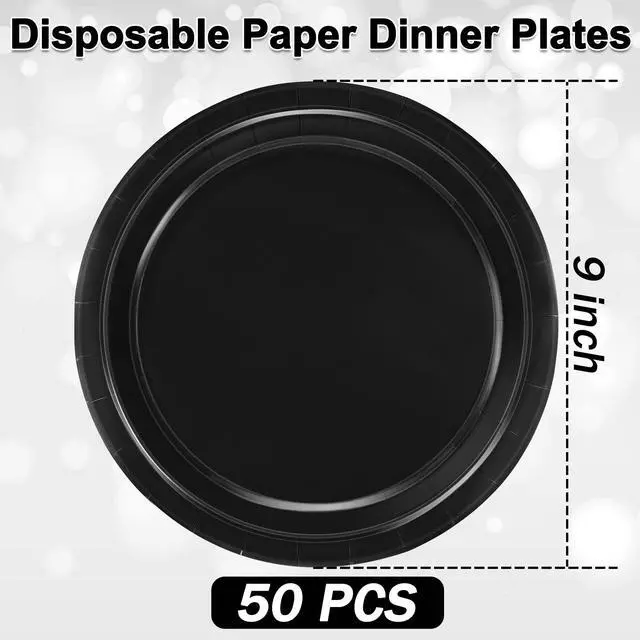 Alt view image 2 of 7 - 50 Pieces of Paper Plates, Round Black Party Plates Pack, Disposable 9 Inches Paper Dinner Plates, Everyday Use Plates for Daily Meals Picnic Camping Birthday Christmas Thanksgiving Supplies