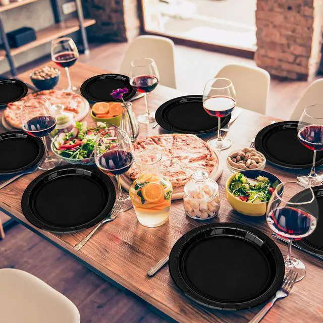 Alt view image 4 of 7 - 50 Pieces of Paper Plates, Round Black Party Plates Pack, Disposable 9 Inches Paper Dinner Plates, Everyday Use Plates for Daily Meals Picnic Camping Birthday Christmas Thanksgiving Supplies