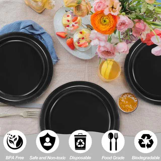Alt view image 3 of 7 - 50 Pieces of Paper Plates, Round Black Party Plates Pack, Disposable 9 Inches Paper Dinner Plates, Everyday Use Plates for Daily Meals Picnic Camping Birthday Christmas Thanksgiving Supplies